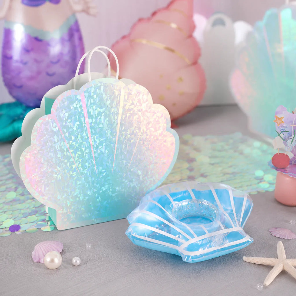 Mermaid display gift bag and shell floating drink holder for mermaid pool party supplies