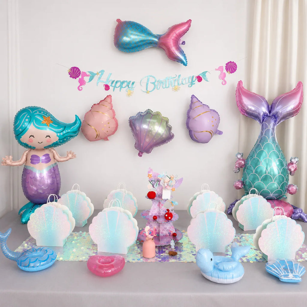 Mermaid pool party decorations set with foil balloons, birthday banner, cake stand, gift bags and floating drink holders