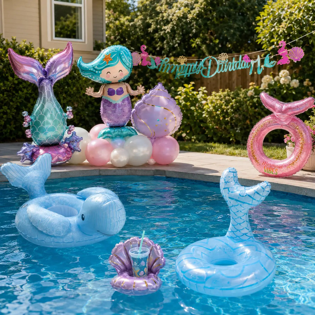 Styled mermaid themed pool party with standing foil balloons, mermaid tail balloons, swim ring and floating drink holders