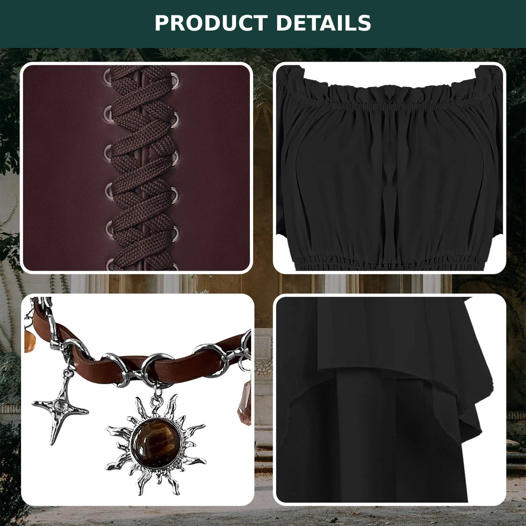 Midnight black Renaissance fairy costume details showing lace-up corset belt, neckline, necklace and layered skirt
