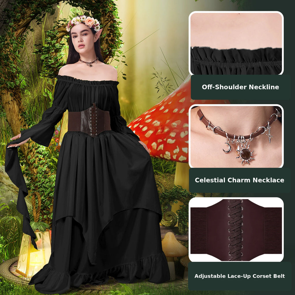 Midnight black Renaissance fairy costume with off-shoulder neckline, celestial necklace and adjustable lace-up corset belt