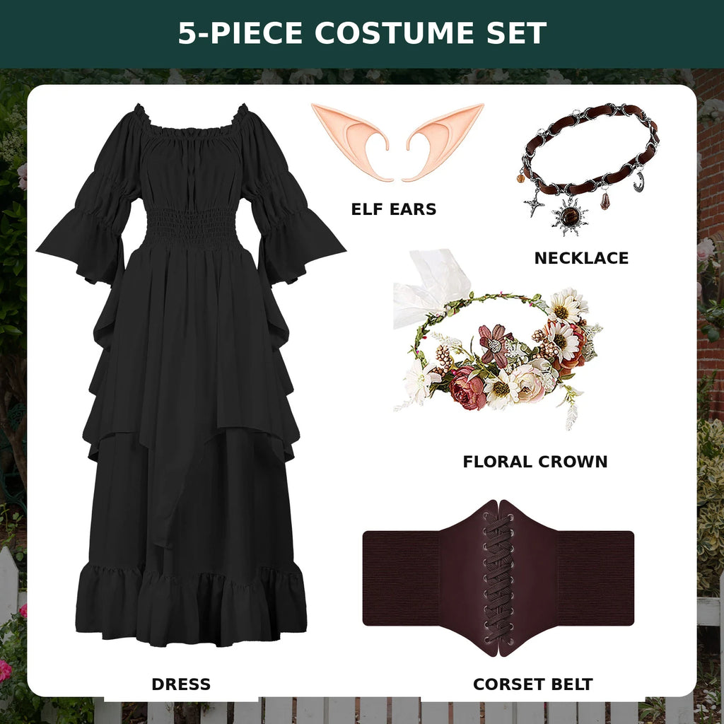 Midnight black five-piece Renaissance fairy costume set with dress, corset belt, floral crown, elf ears and necklace