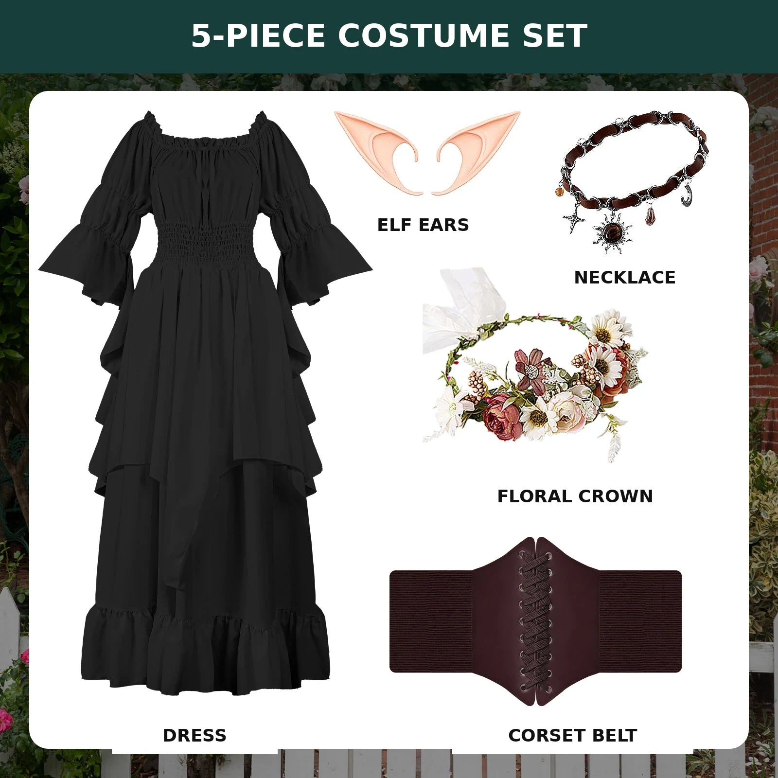 Midnight black five-piece Renaissance fairy costume set with dress, corset belt, floral crown, elf ears and necklace
