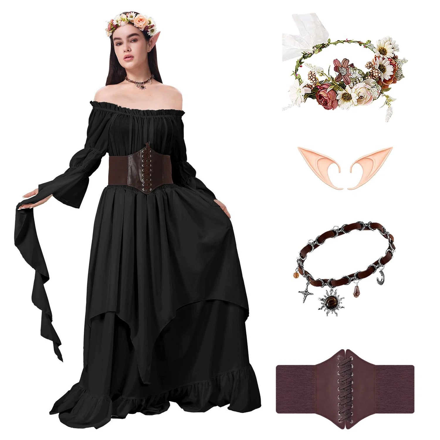 Midnight black Renaissance fairy costume set for women with corset belt, floral crown, elf ears and necklace