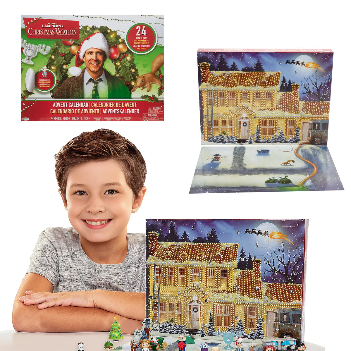 Christmas Vacation advent calendar packaging marked 24 days and 25 pieces beside the numbered house display.