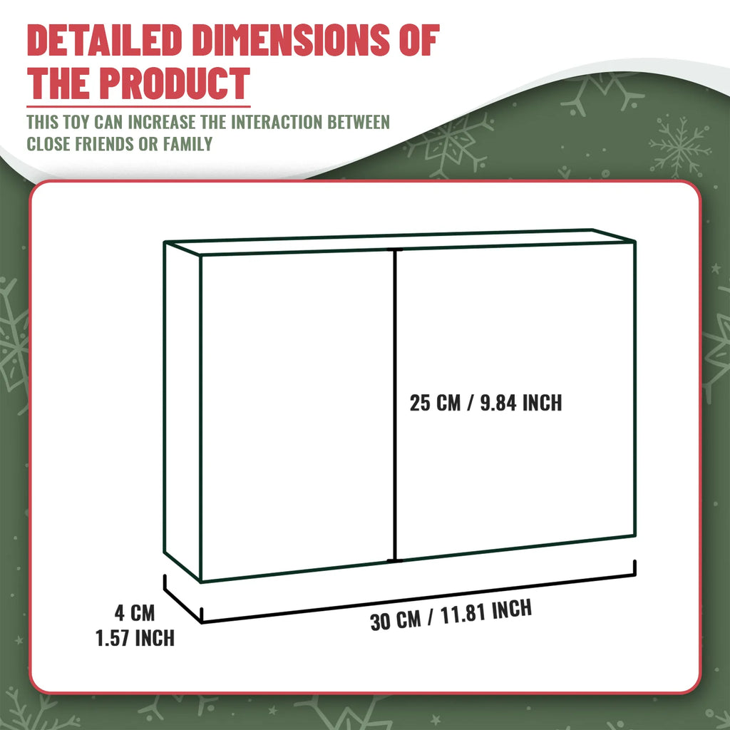 Mini figure advent calendar box dimensions showing 30 cm width, 25 cm height and 4 cm depth.