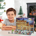 Christmas Vacation-inspired mini figures and festive props arranged around the foldout house advent calendar.