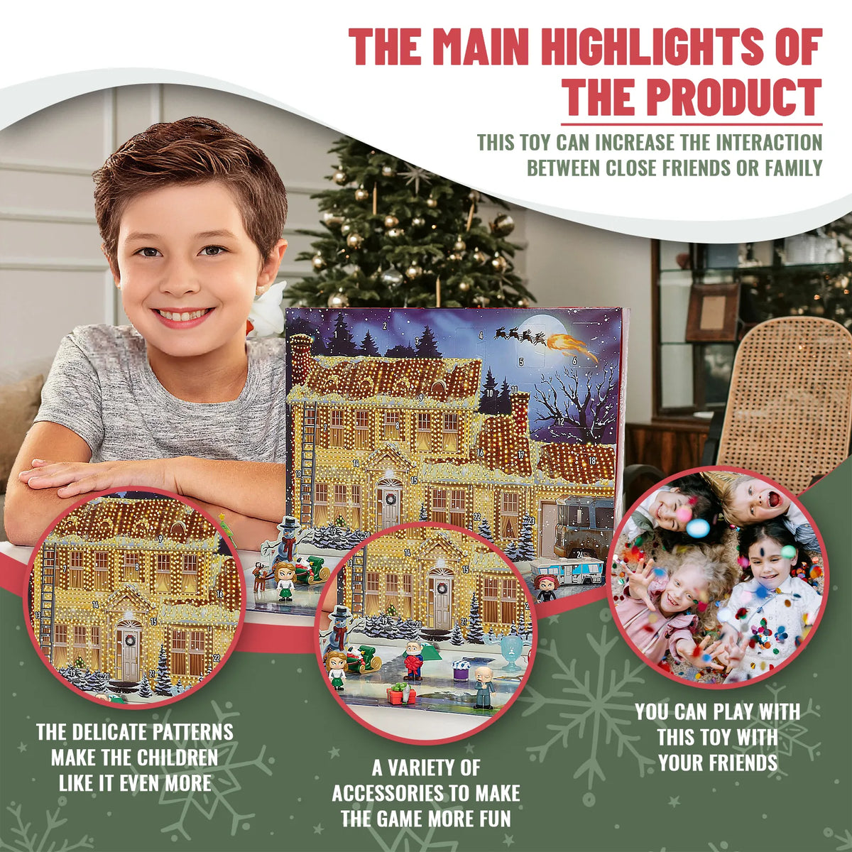 Christmas Vacation-inspired house advent calendar with close-ups of the numbered facade, miniature figures and festive props in a holiday scene.
