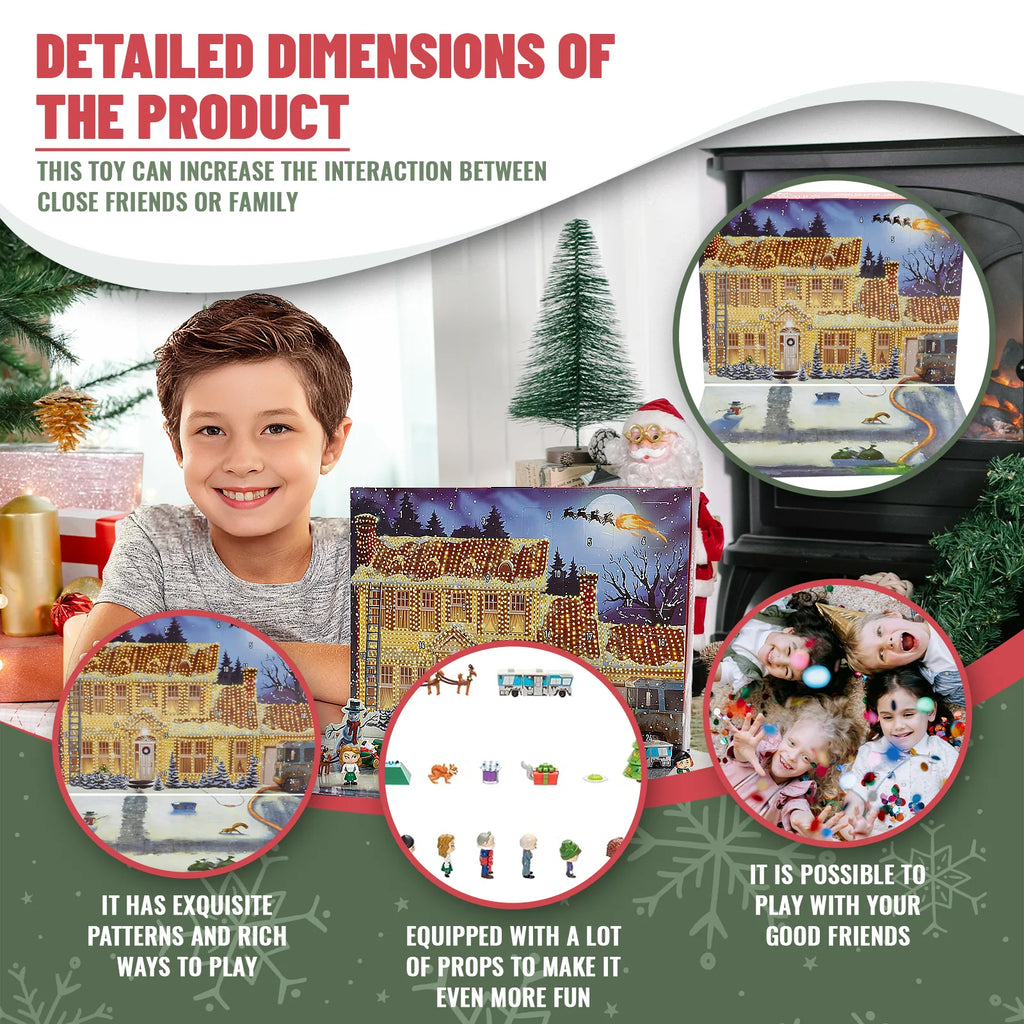 Christmas Vacation-inspired miniature advent calendar collage showing character figures, props and house display details.