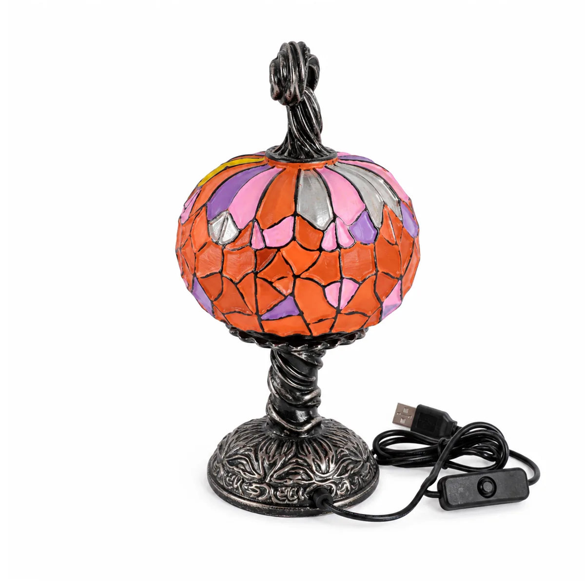 Back view of the mosaic pumpkin table lamp, showing the rear shape and visible construction.