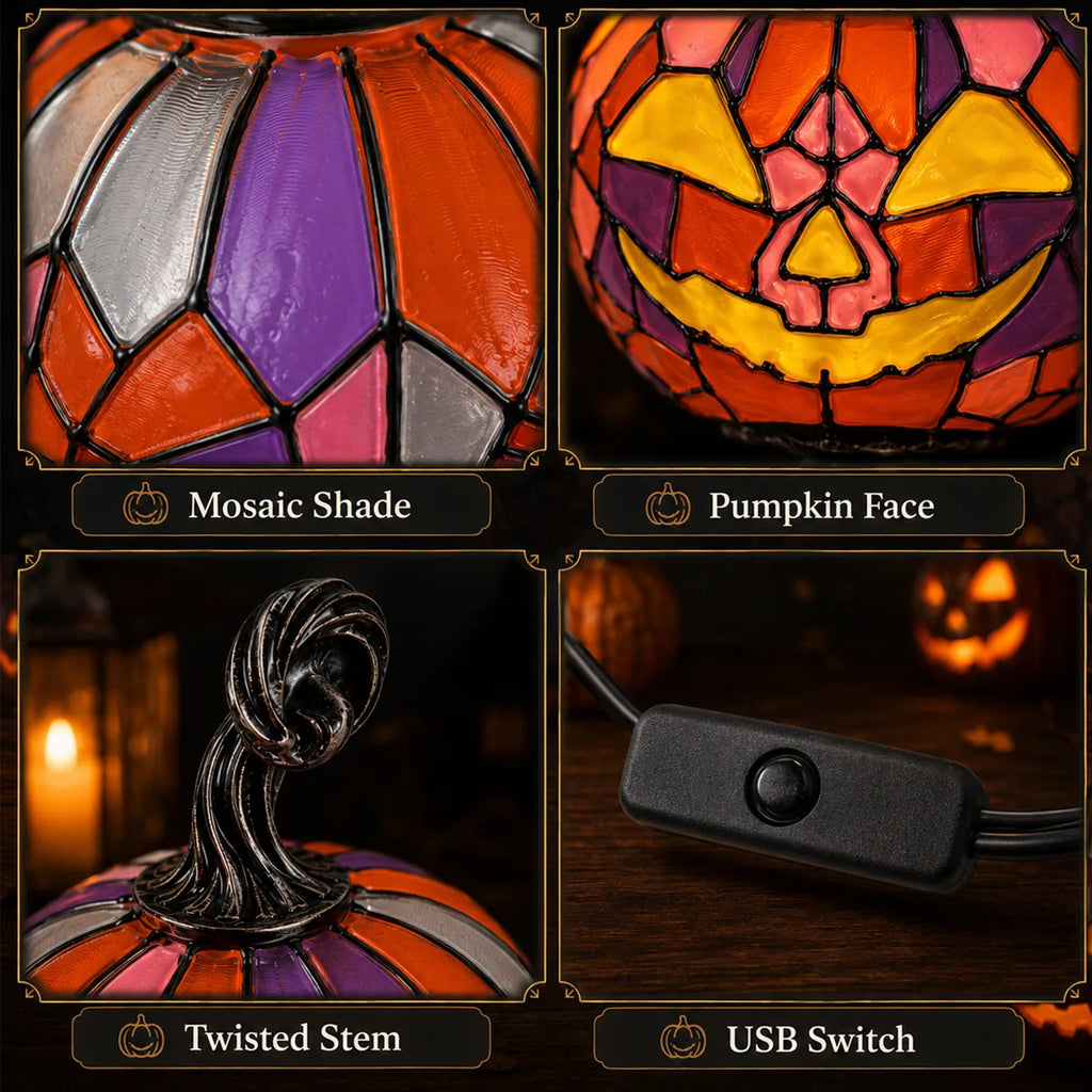 Close-up details of the mosaic pumpkin table lamp, showing visible texture, color, and construction.