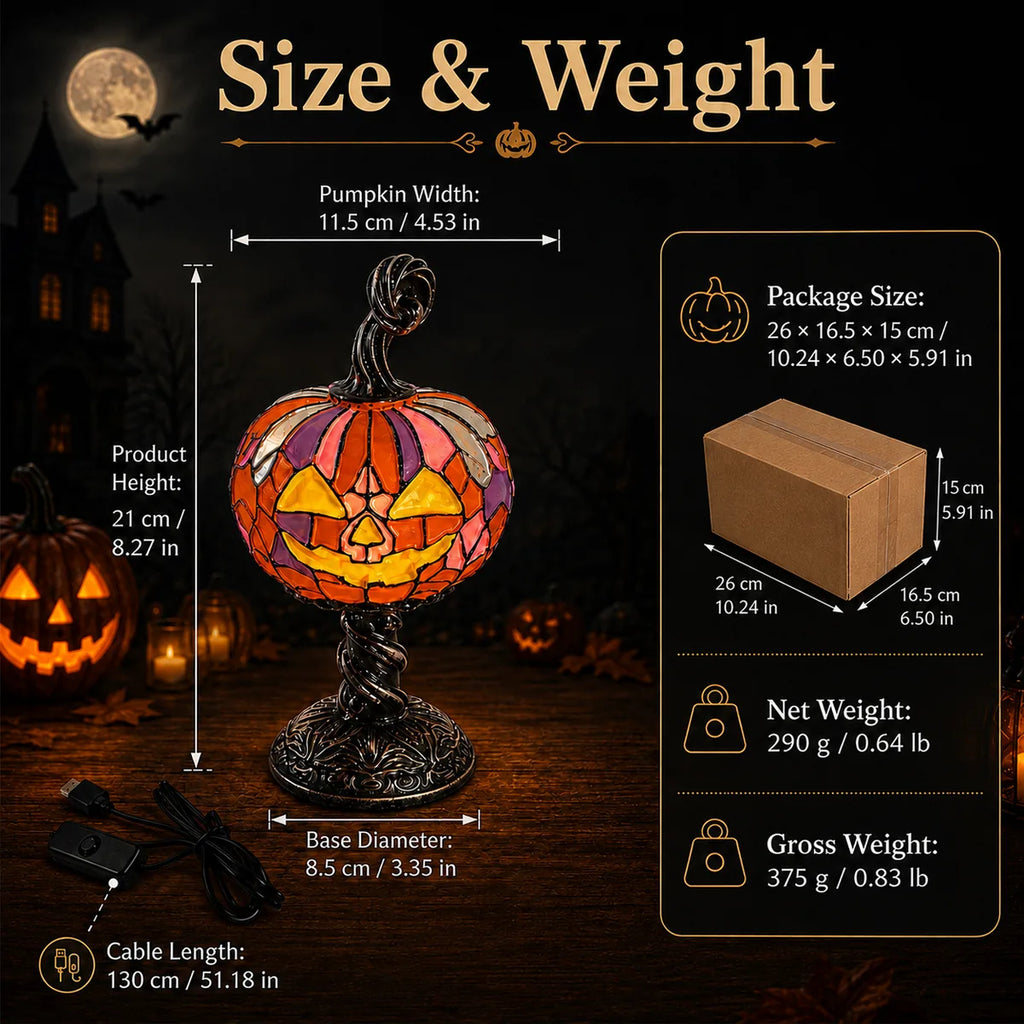 Dimension chart for the mosaic pumpkin table lamp, showing the listed product measurements and scale.