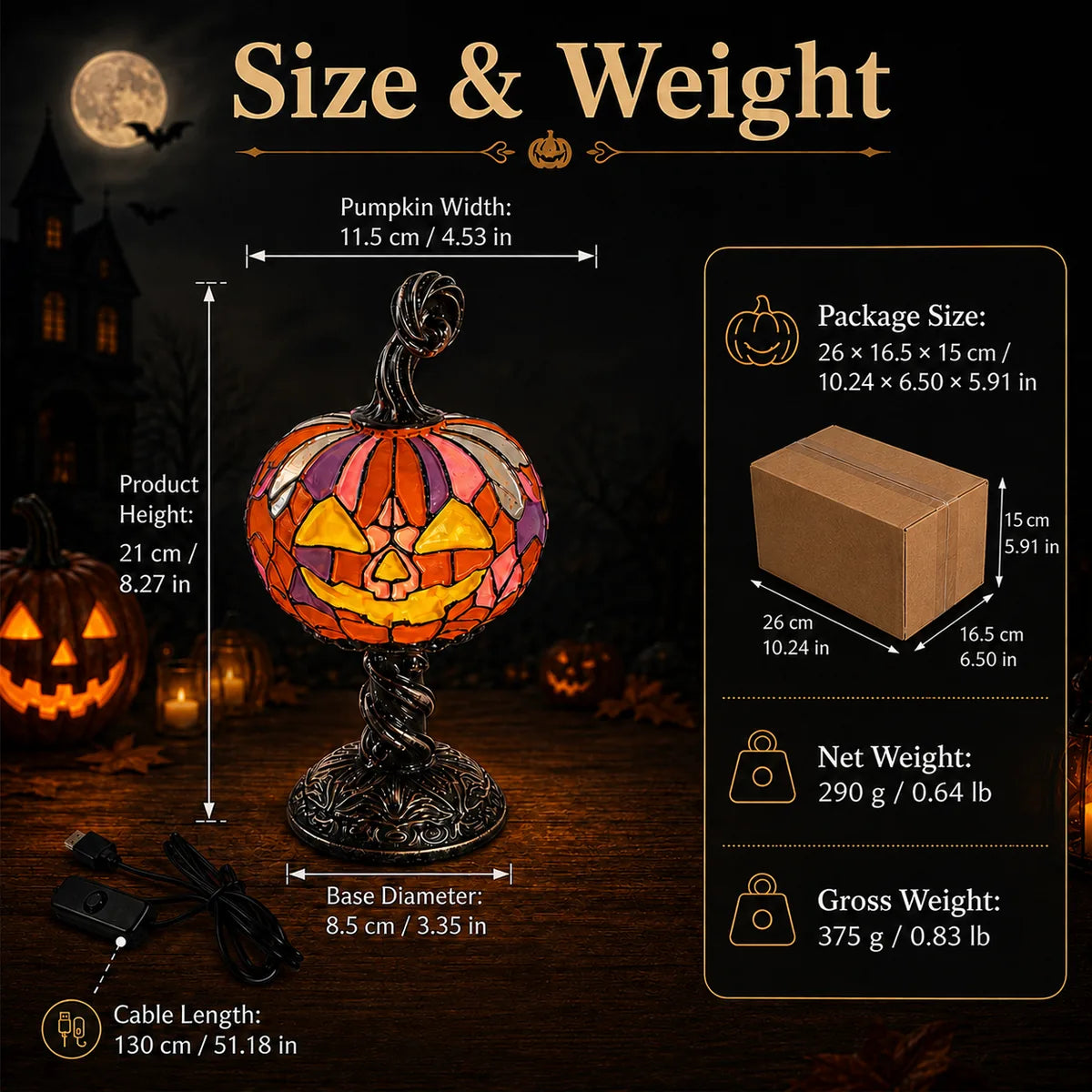 Dimension chart for the mosaic pumpkin table lamp, showing the listed product measurements and scale.