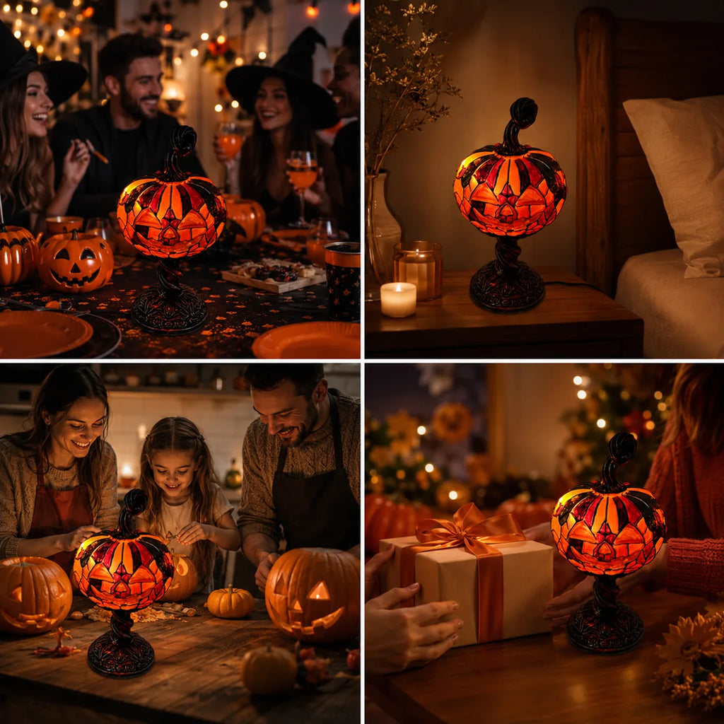 The mosaic pumpkin table lamp shown across several styled Halloween and event display scenes.