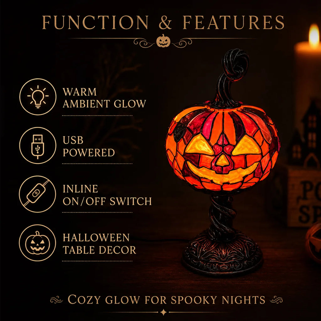 Feature graphic for the mosaic pumpkin table lamp, highlighting visible design details and intended use.