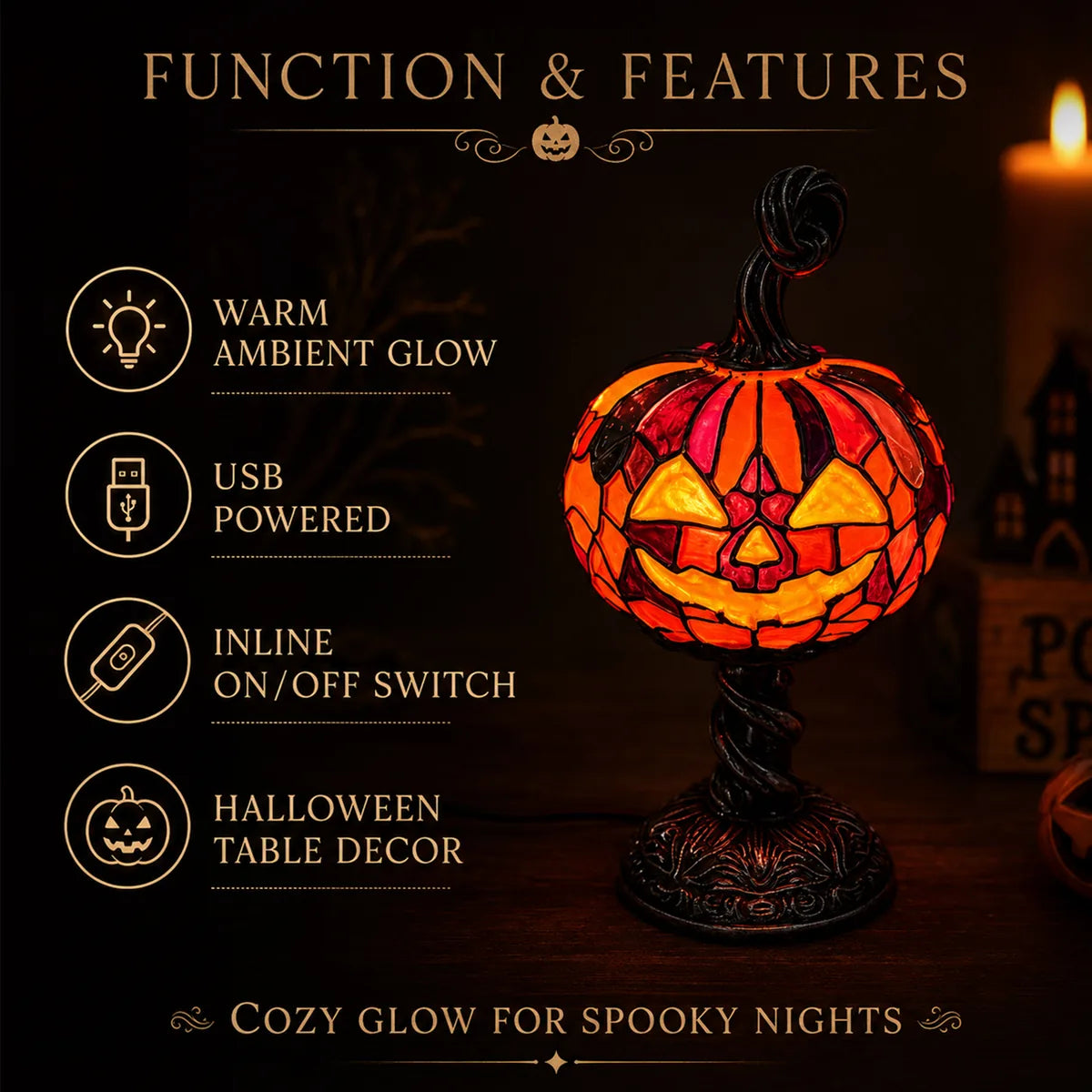 Feature graphic for the mosaic pumpkin table lamp, highlighting visible design details and intended use.