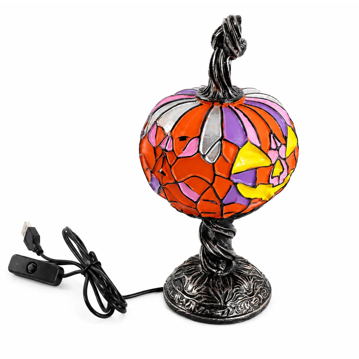 Styled view of the mosaic pumpkin table lamp, showing how the item appears in use.
