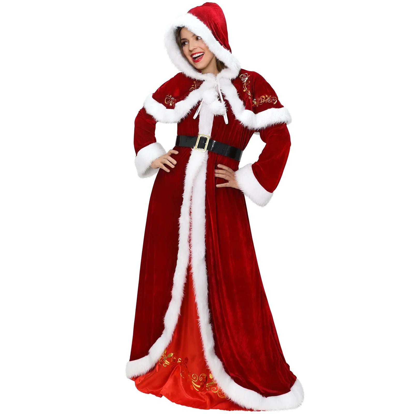 Angled view of a women's red Mrs Claus costume with gold holiday detailing