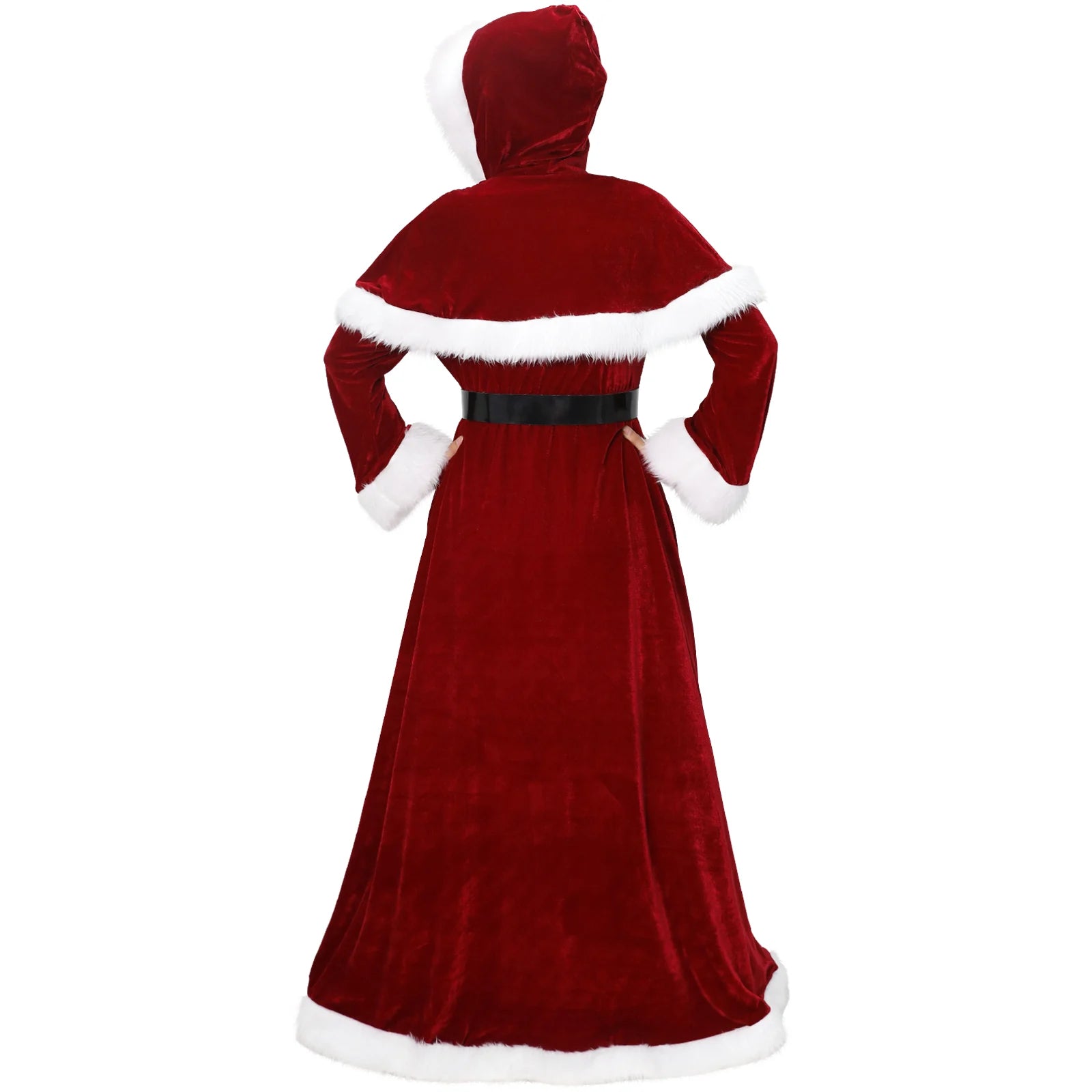 Back view of a red Mrs Claus dress with a separate fur-trimmed hooded cape
