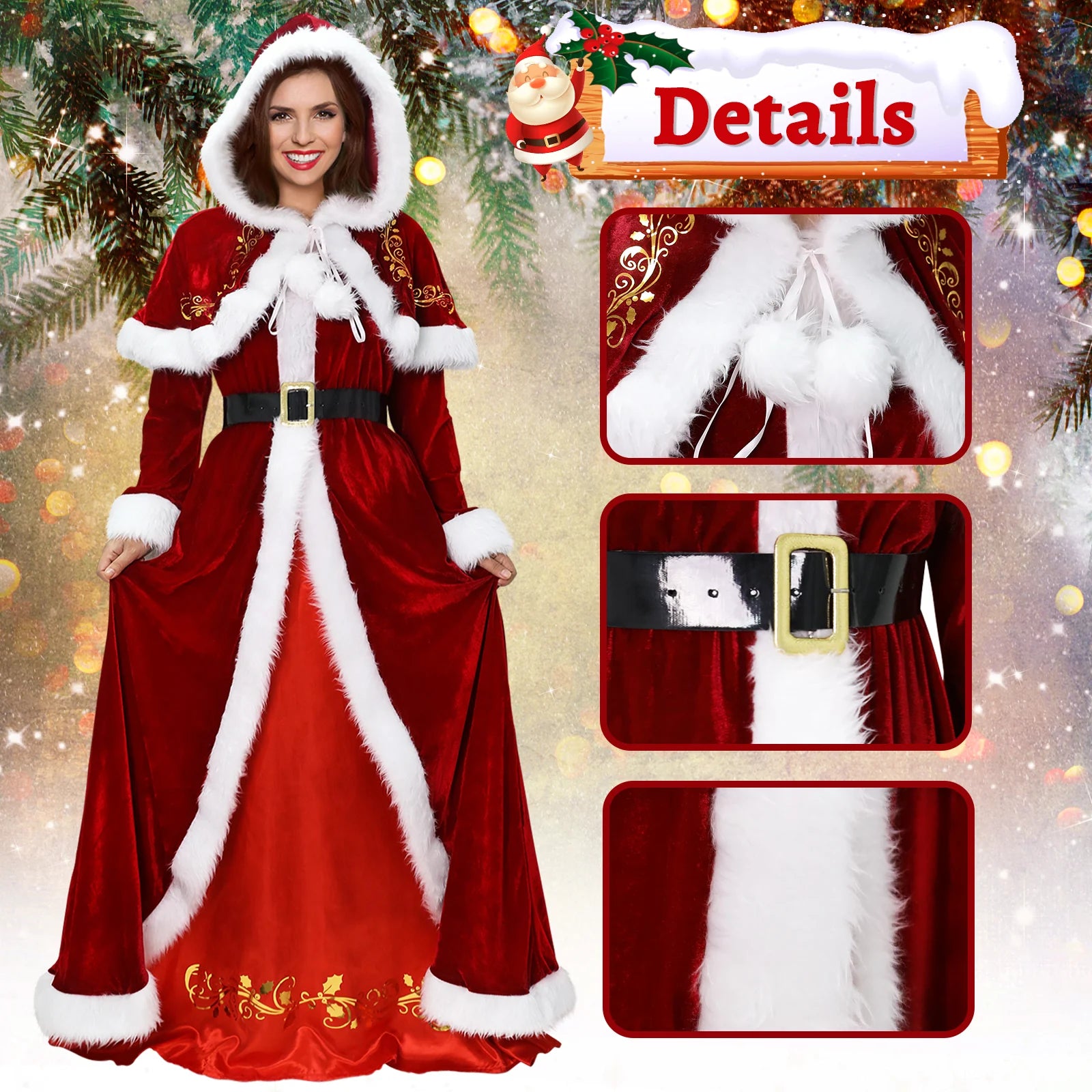 Front detail of a red Mrs Claus dress showing hooded cape ties, belt, and white trim