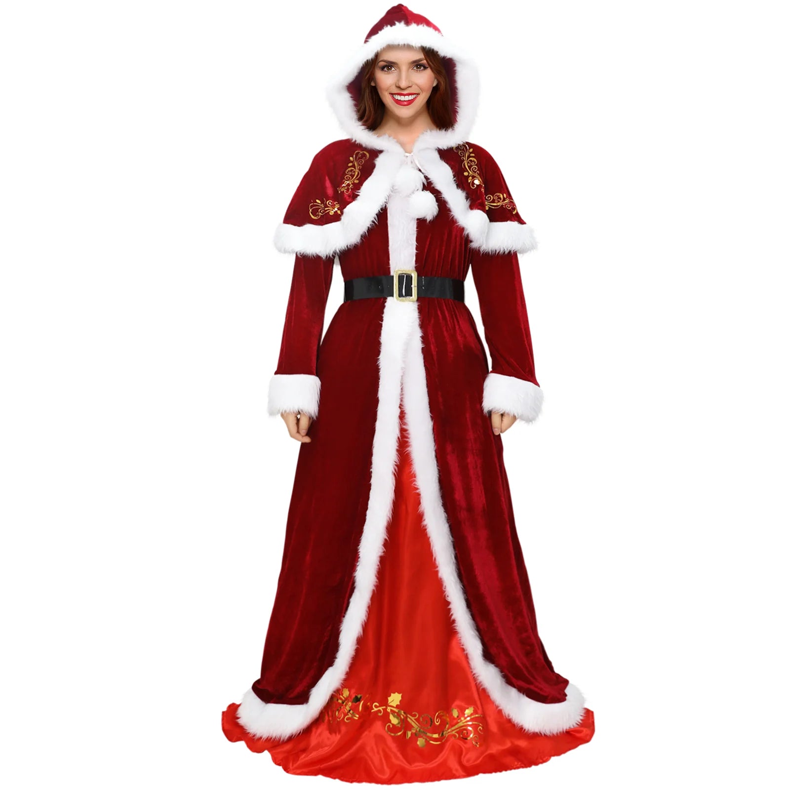Woman wearing a red Mrs Claus dress with hooded cape, belt, and white fur-style trim