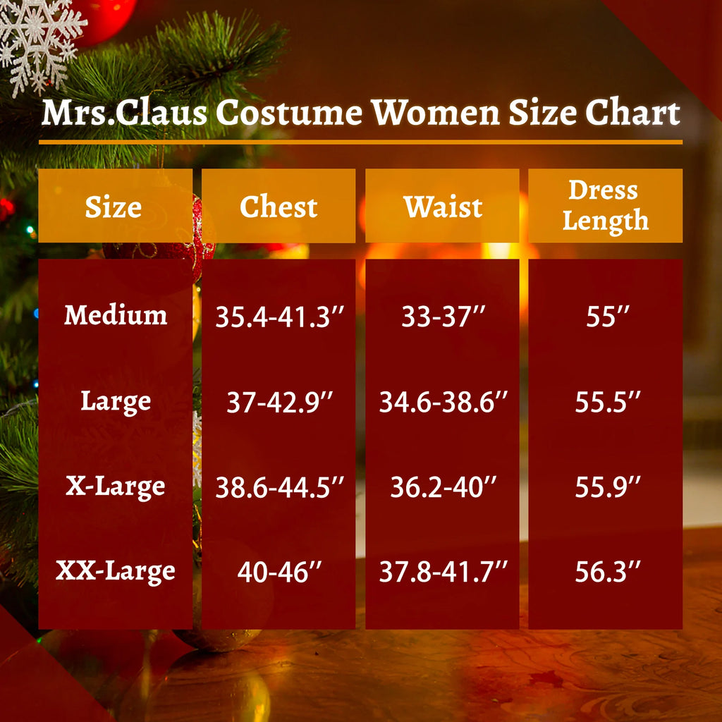 Mrs Claus dress size guide with chest, waist, and dress length measurements