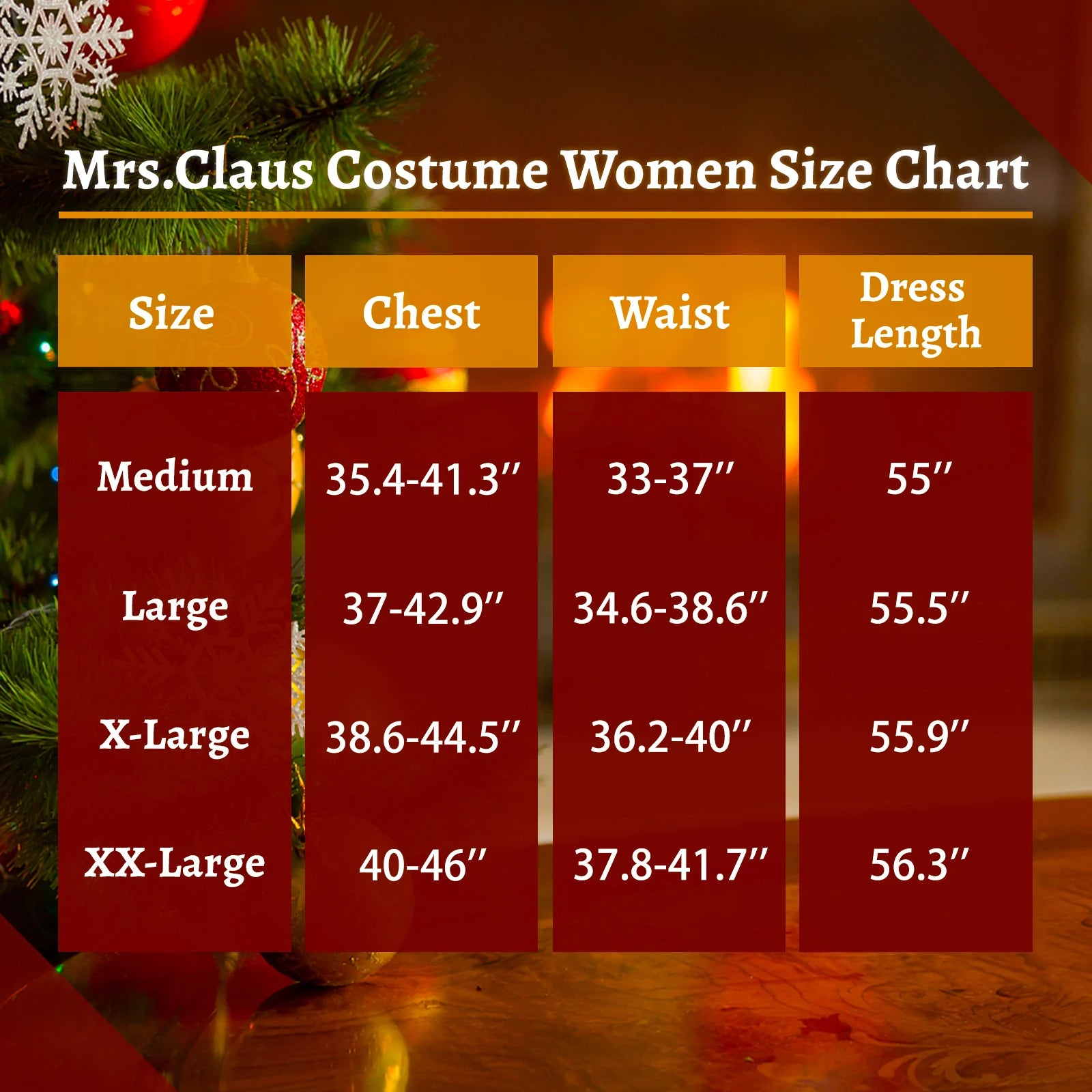 Mrs Claus dress size guide with chest, waist, and dress length measurements
