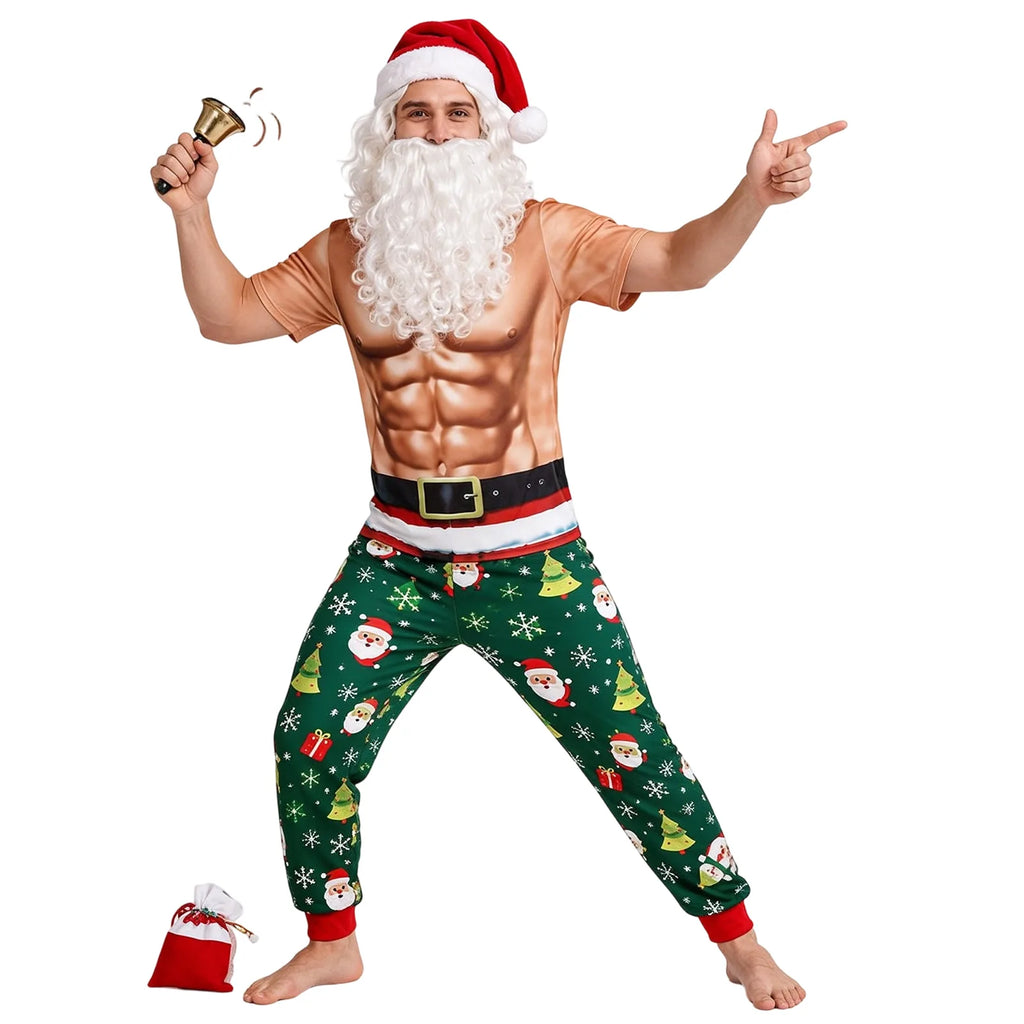A model holds a bell while wearing the muscle-print shirt, hat, beard and festive pants.