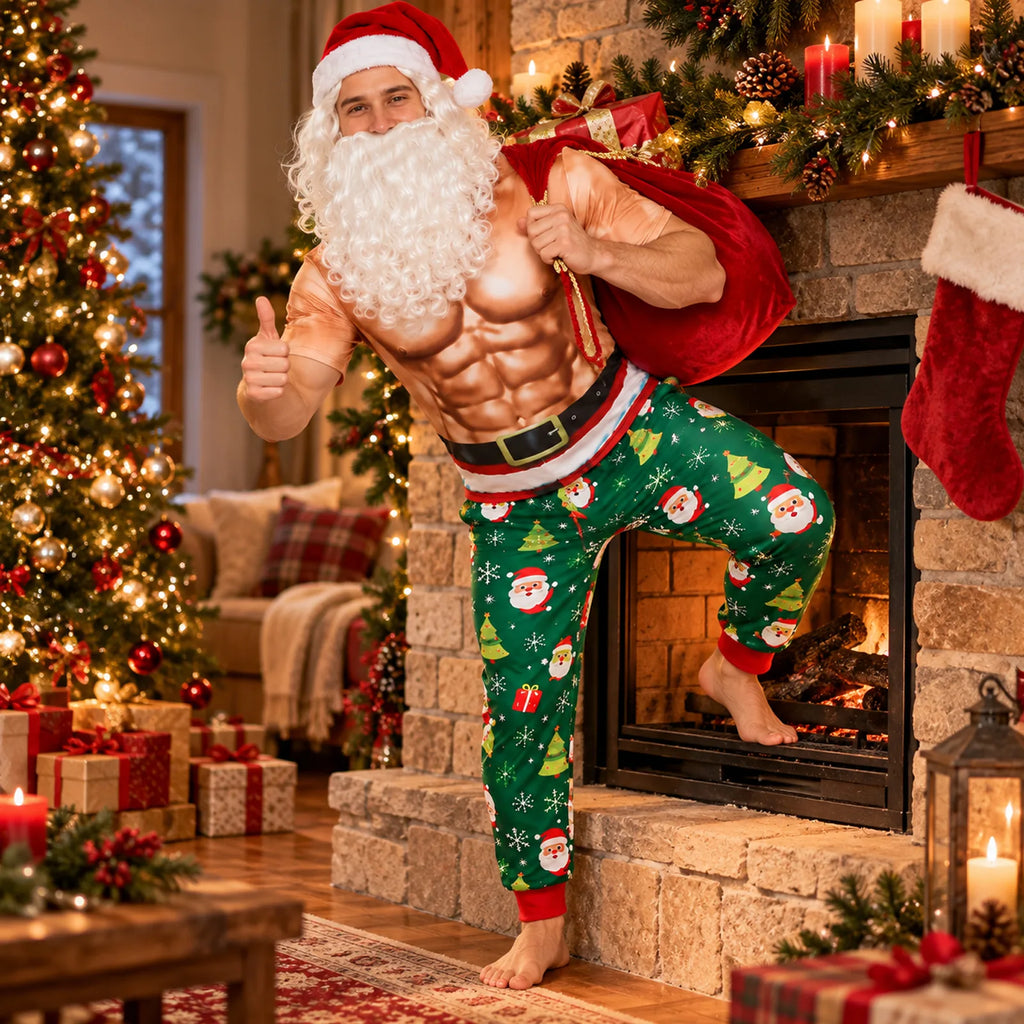 A model in the costume poses beside a fireplace with a red sack.