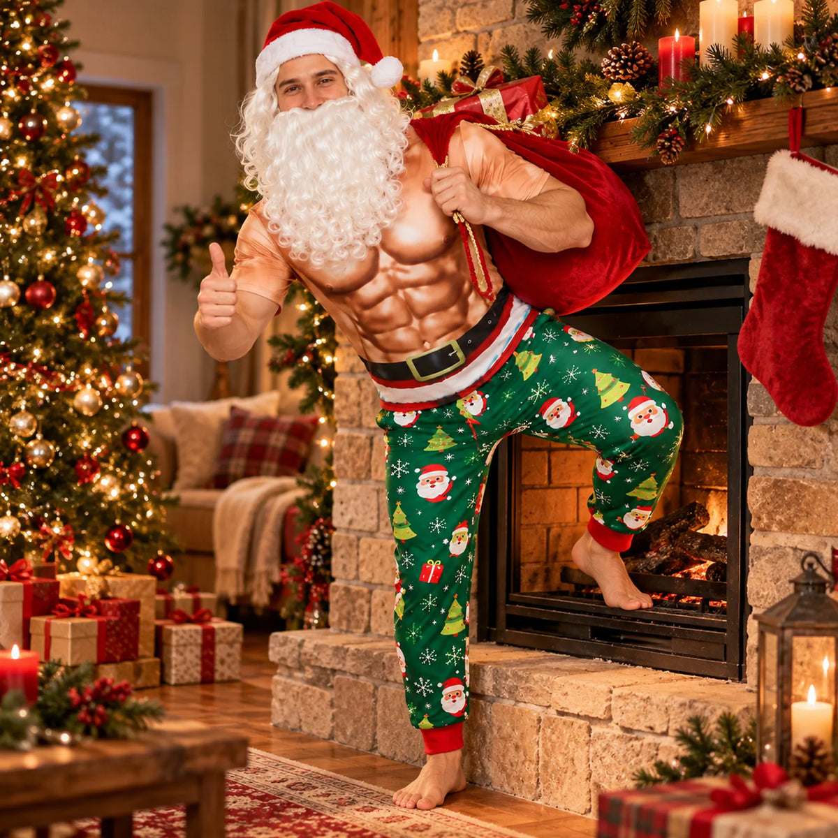 A model in the costume poses beside a fireplace with a red sack.