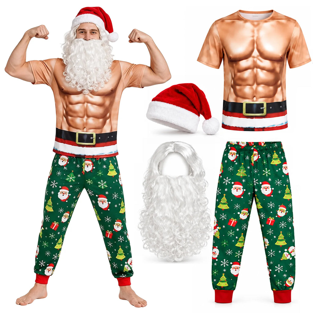 A model flexes in the muscle-print shirt beside the Santa hat, hairpieces and pants.