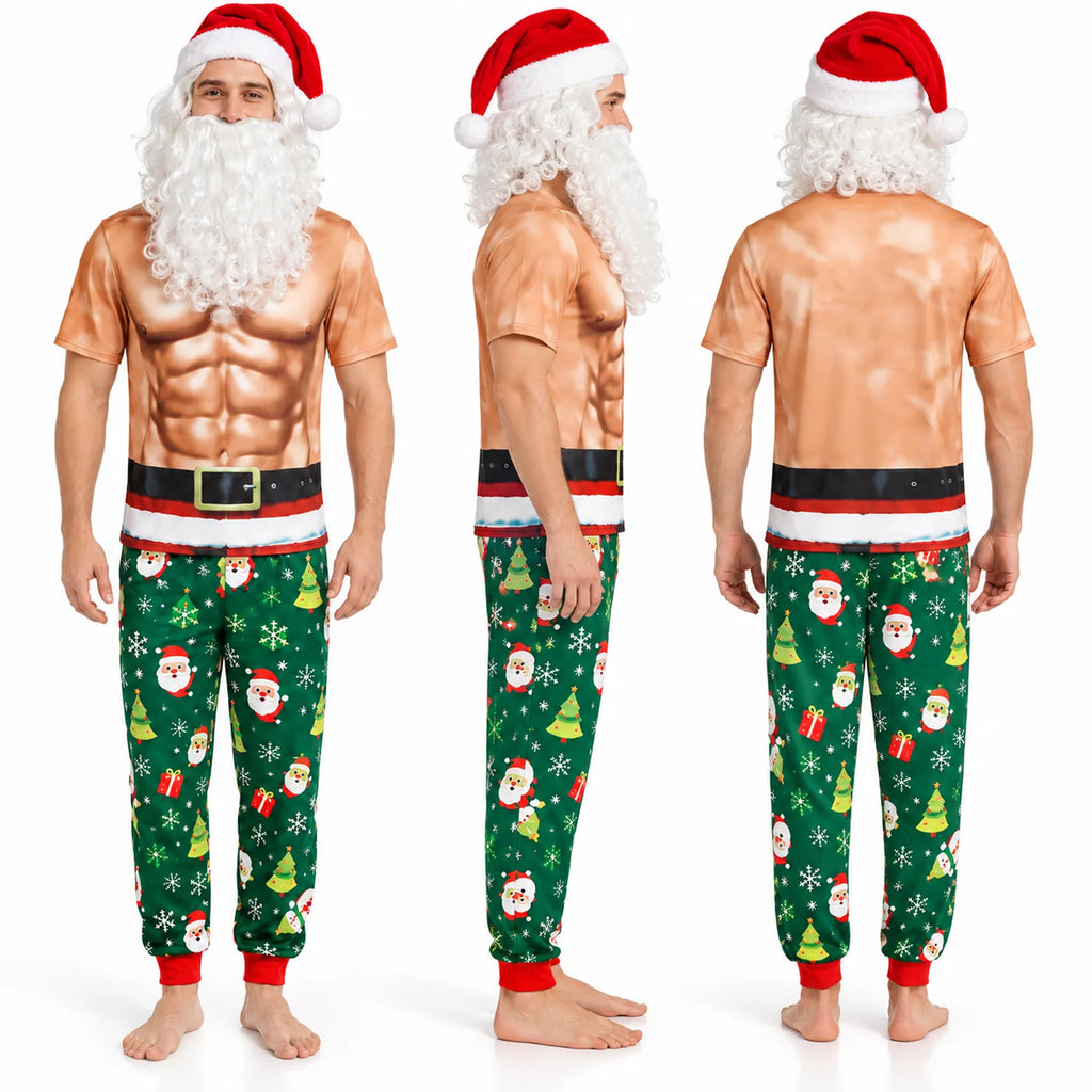 Front, side and back views show the printed shirt and green Christmas pants.