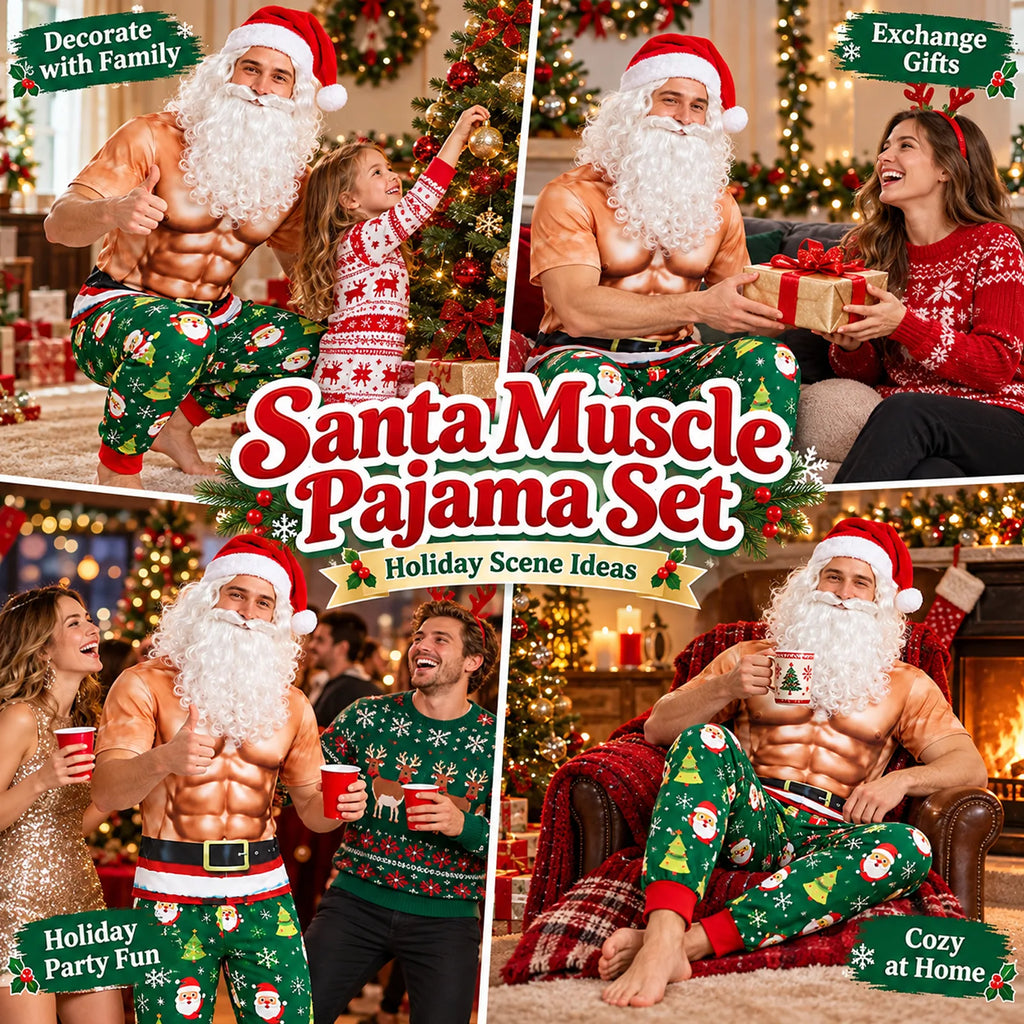 Four scenes show the Santa muscle outfit at family gatherings, a party and at home.