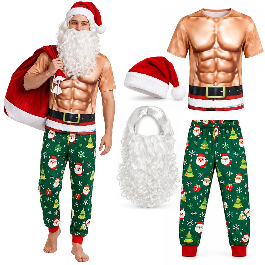 A model wears the muscle-print shirt and Christmas pants beside the hat and hairpieces.