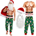 A model wears the muscle-print shirt and Christmas pants beside the hat and hairpieces.