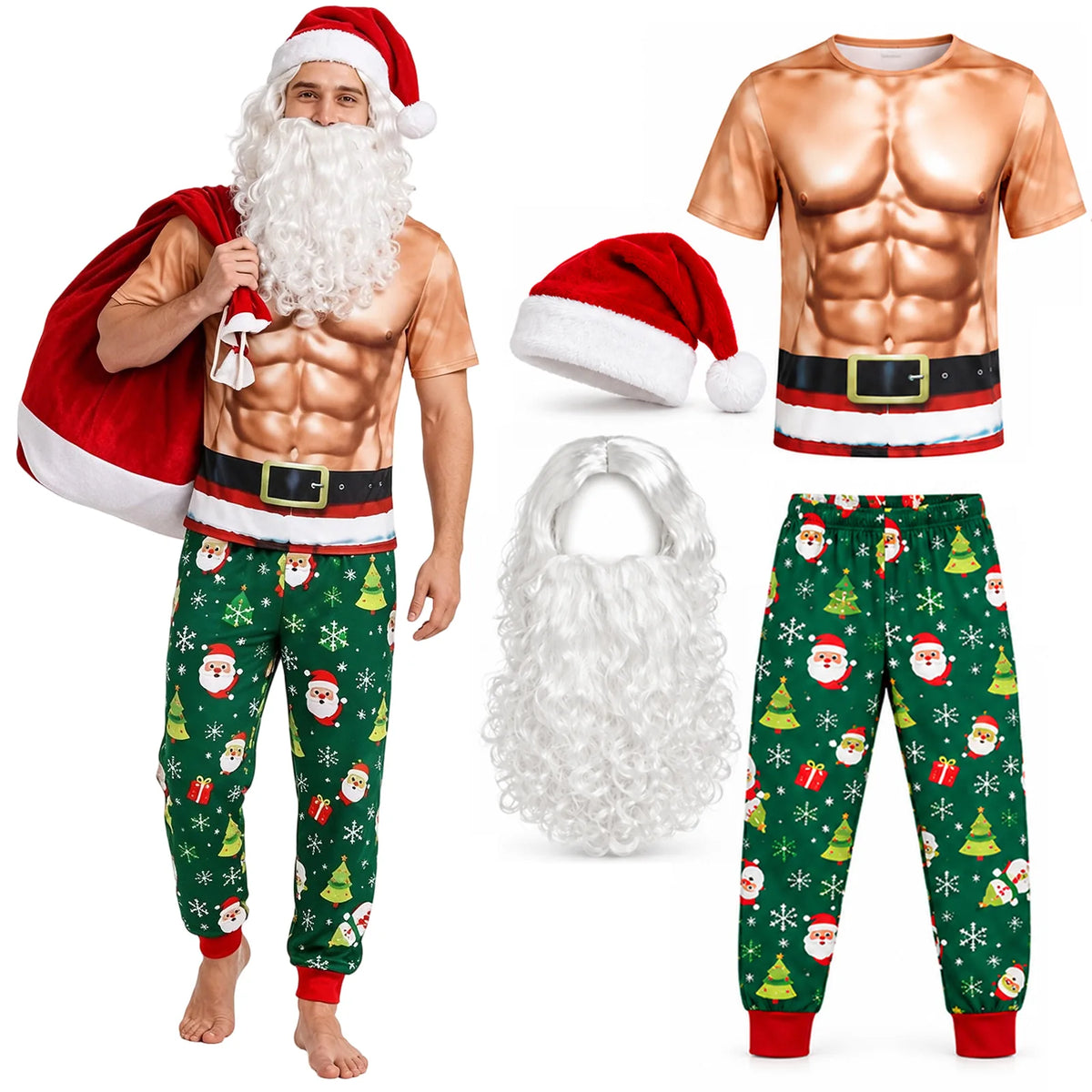A model wears the muscle-print shirt and Christmas pants beside the hat and hairpieces.