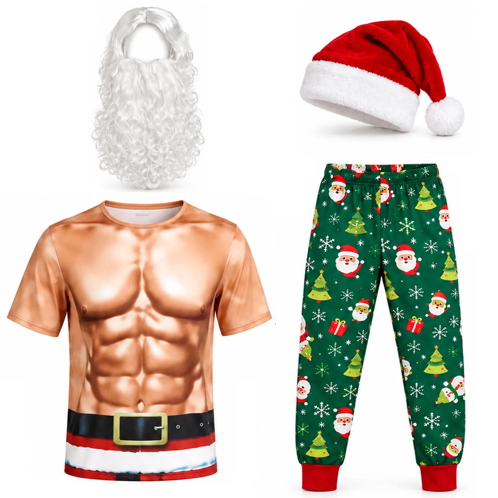 The muscle-print shirt, Christmas pants, hat, wig and beard are displayed together.