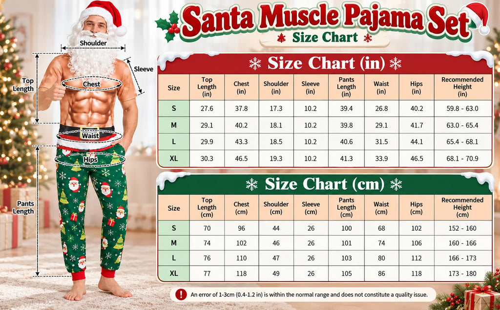 The size chart lists top and pants measurements and recommended height for sizes S through XL.