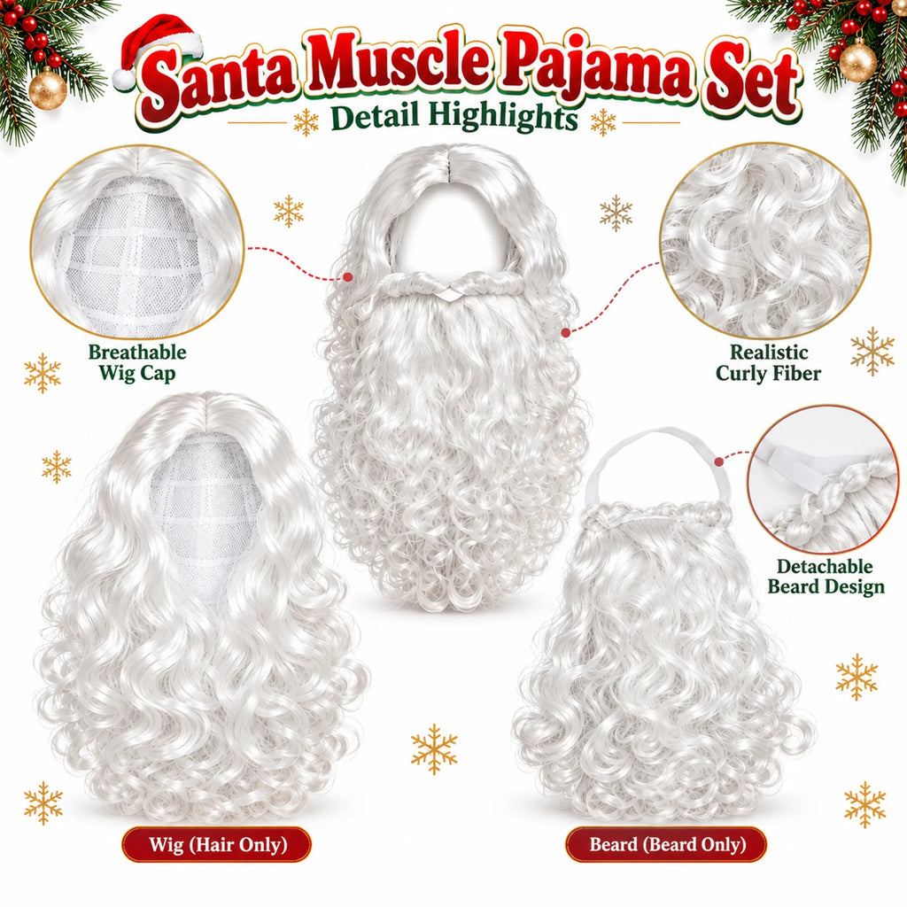 The wig and detachable beard appear with close-ups of the cap and curly fibers.