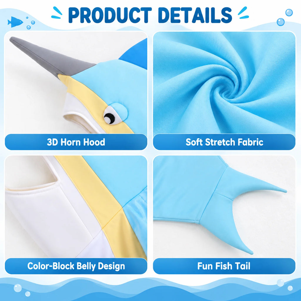 Close-up views of the 3D horn hood, side fins, tail and open-face mouth on the narwhal costume.