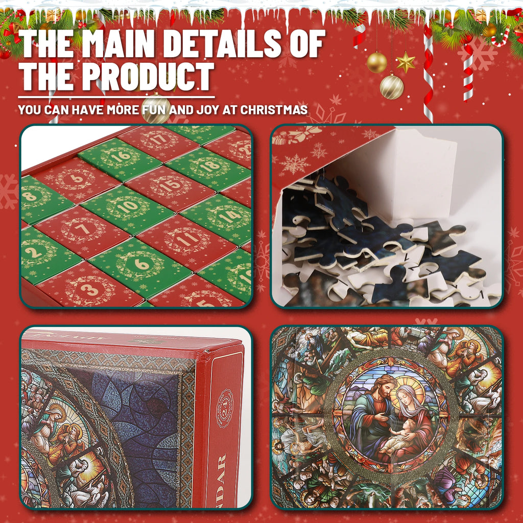 Detailed views of the Nativity medallion artwork and the puzzle pieces forming its surrounding scenes.