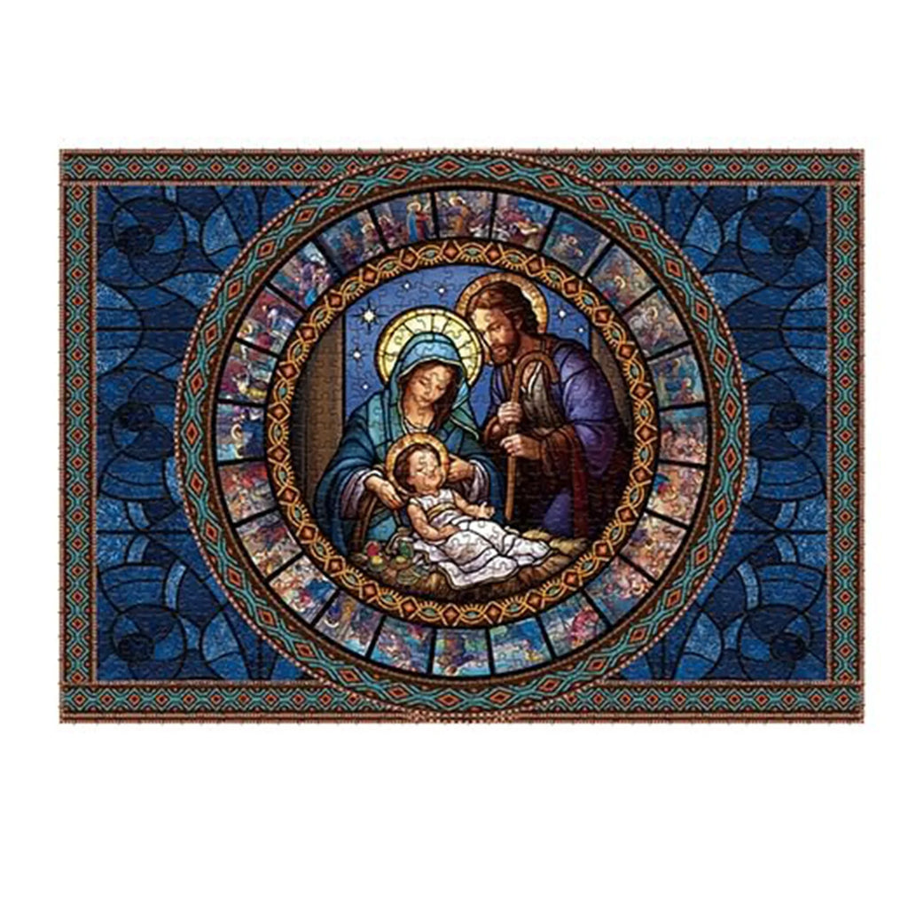 Completed Nativity jigsaw puzzle artwork with blue circular centerpiece and surrounding scenes.