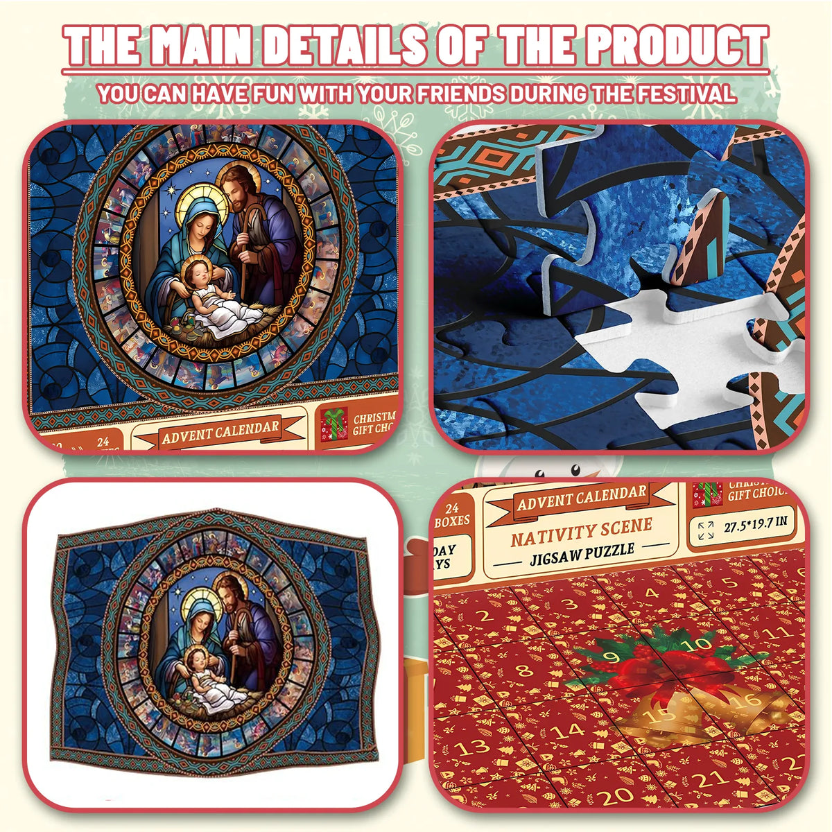 Close view of Nativity jigsaw puzzle pieces and blue illustrated details.