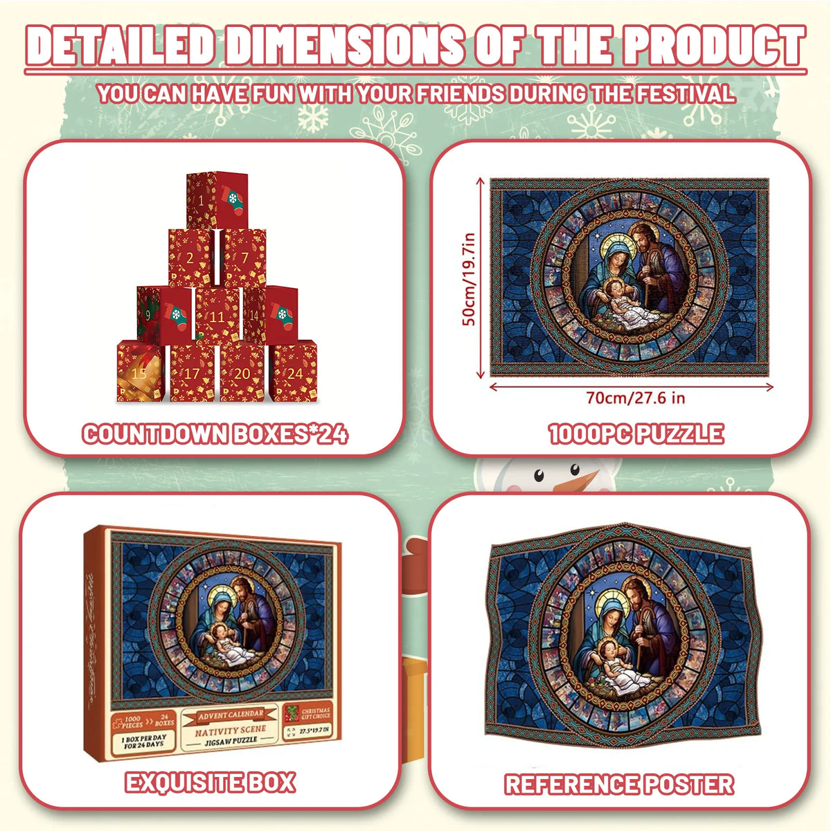 Nativity puzzle calendar showing 70x50cm finished size and 24 countdown boxes.