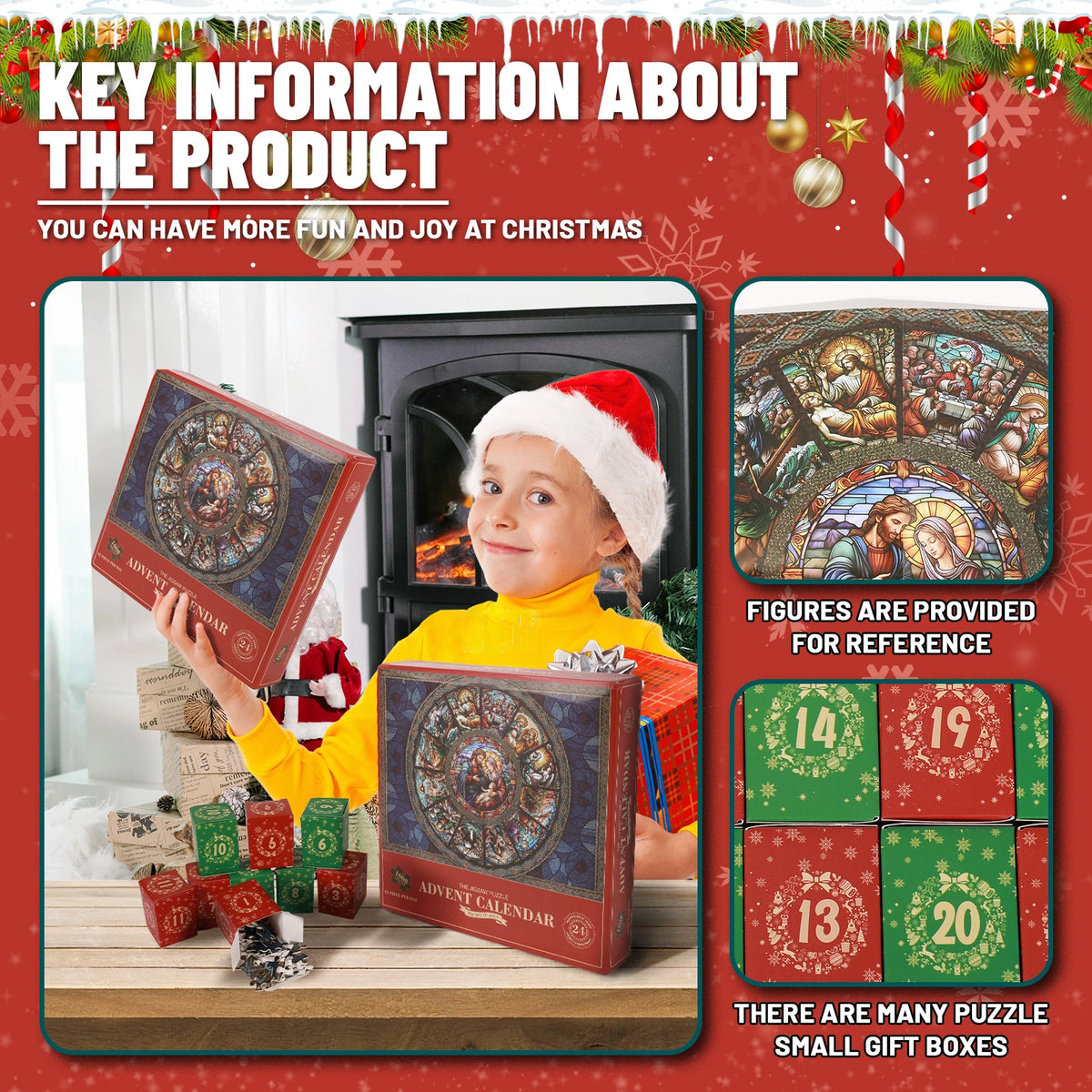 Nativity puzzle calendar shown with numbered daily boxes and a fold-out reference picture.