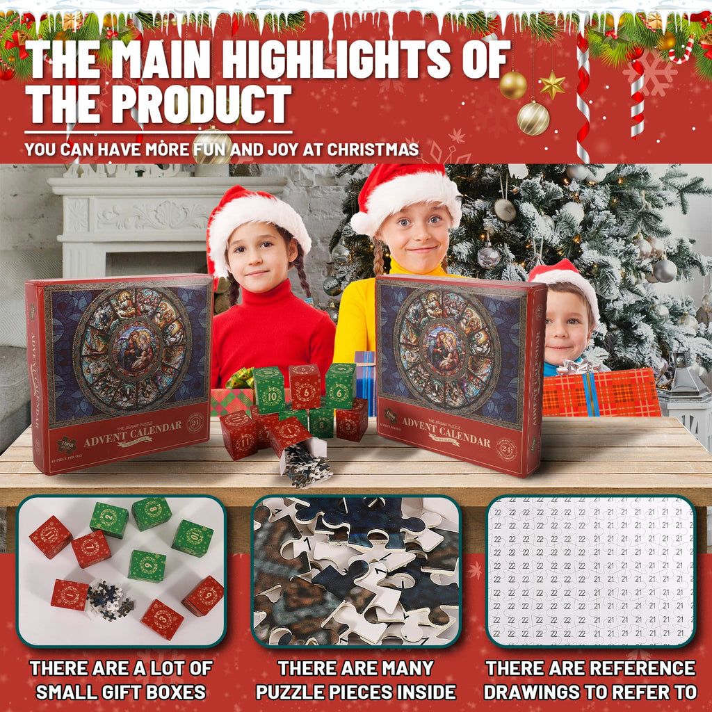 Close views of the Nativity puzzle reference picture and numbered backs of the puzzle pieces.