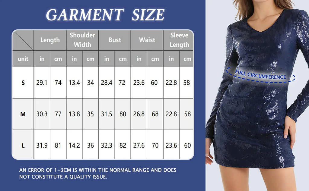 Garment size chart showing the available measurements for the navy blue long-sleeve sequin mini dress.