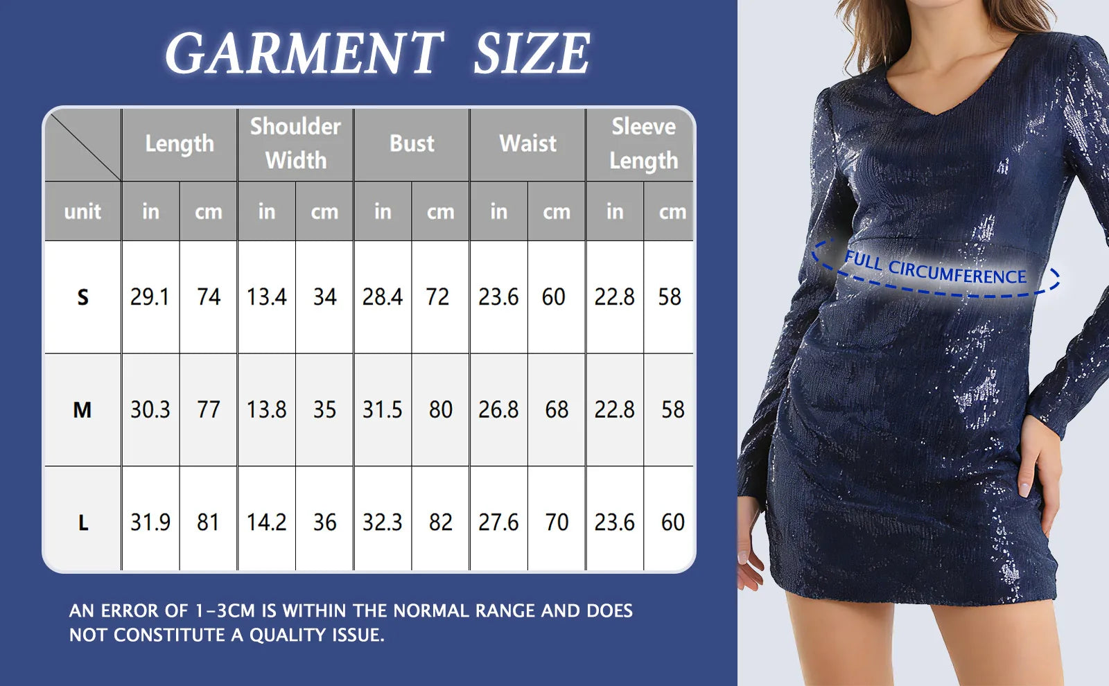 Garment size chart showing the available measurements for the navy blue long-sleeve sequin mini dress.
