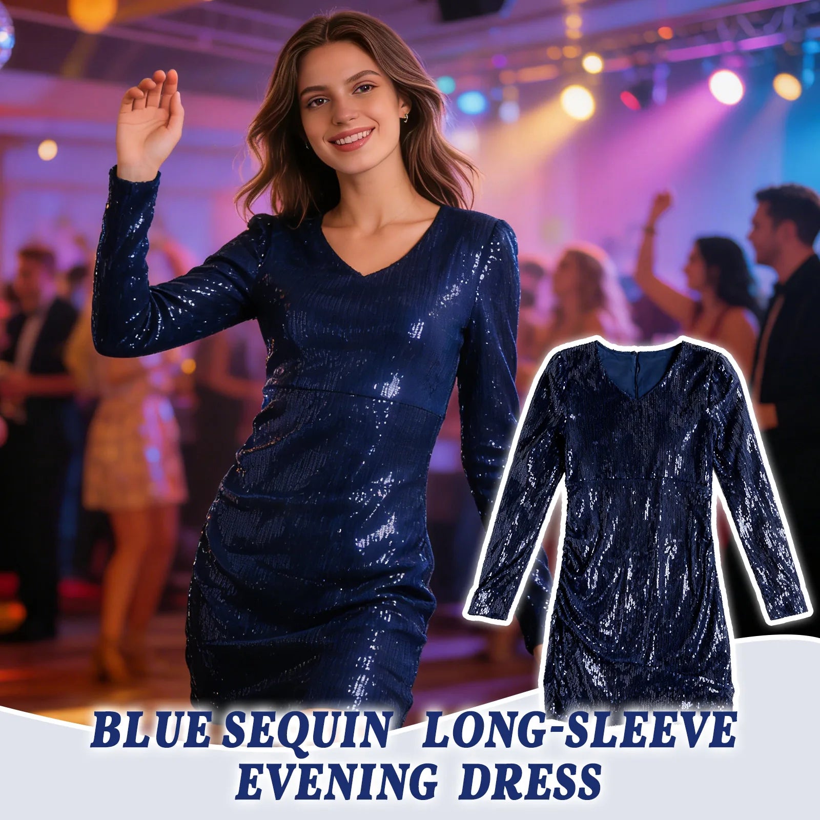 A product detail panel highlights the fabric texture and construction details of the navy blue long-sleeve sequin mini dress.