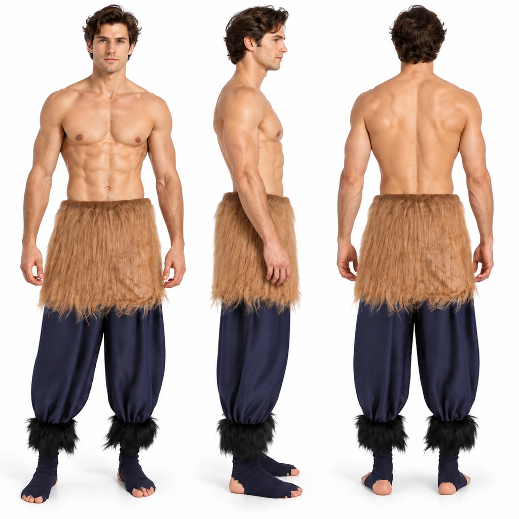 Three modeled views show the costume's brown waist wrap over loose navy pants and open-toe shoe covers.